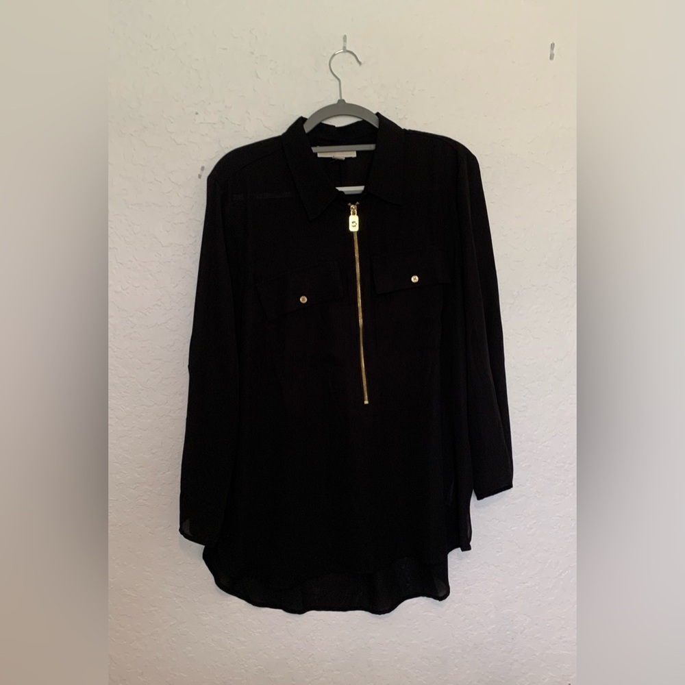 Michael Kors Black 3/4 Sleeve Zippered Button Down Shirt